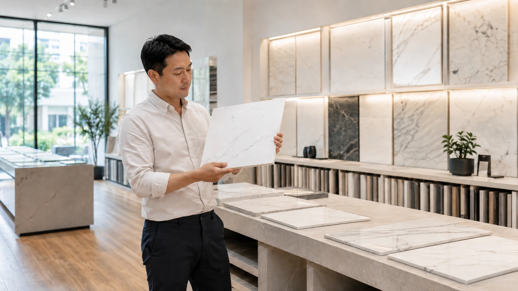 Malaysian homeowner examining stone countertop samples at a showroom in Kuala Lumpur