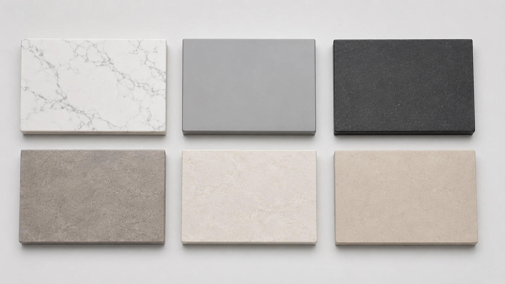 Side-by-side countertop material samples — quartz stone, sintered stone, and porcelain slab — for comparison