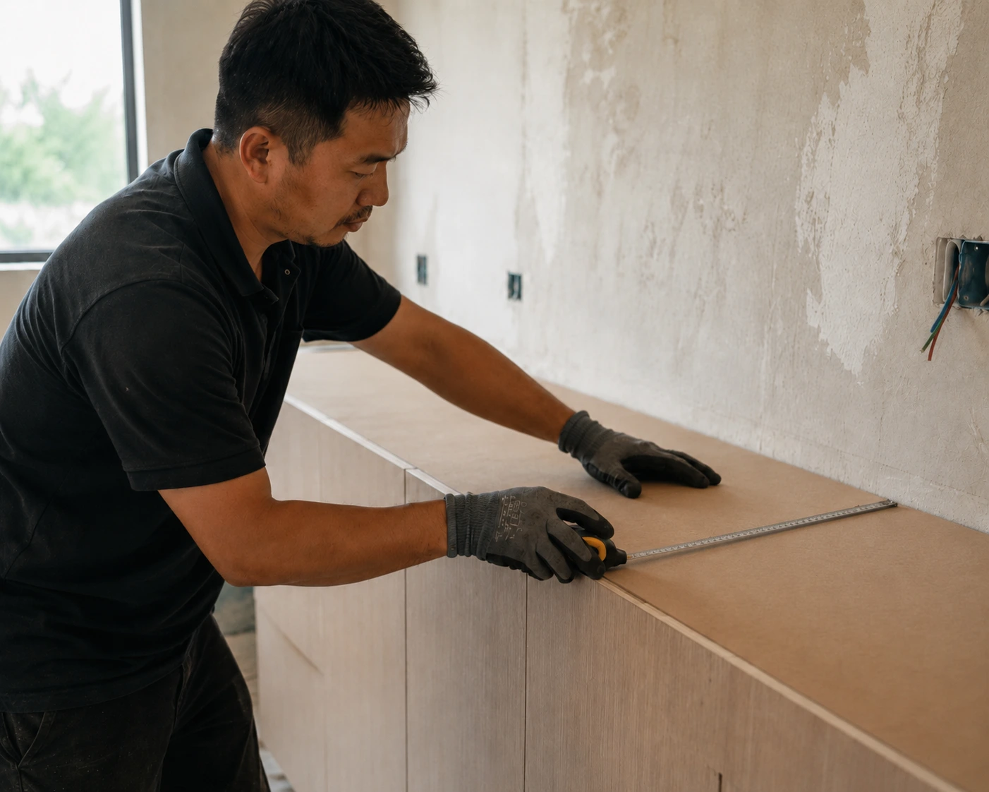 Professional countertop installer measuring and templating a kitchen countertop at a Malaysian home renovation site