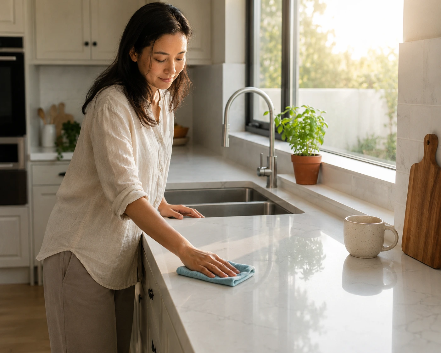Person wiping down a quartz stone countertop in a clean, modern Malaysian kitchen
