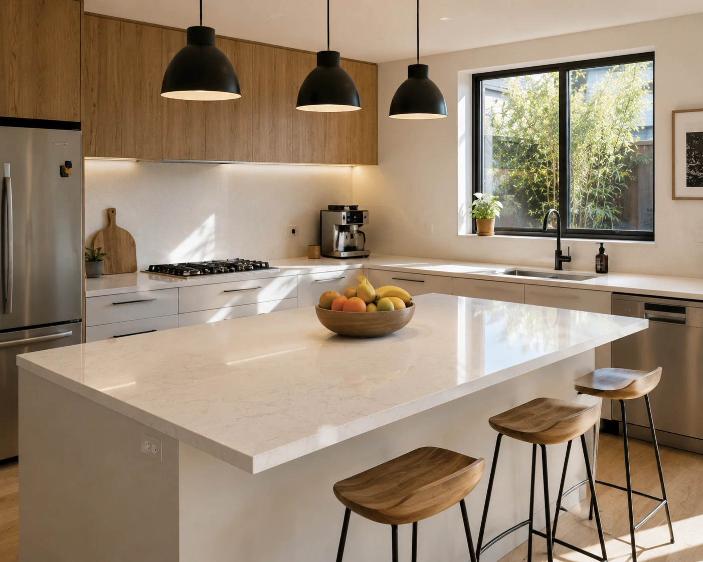 A beautifully finished modern Malaysian kitchen featuring a high-quality stone countertop in a light neutral colour