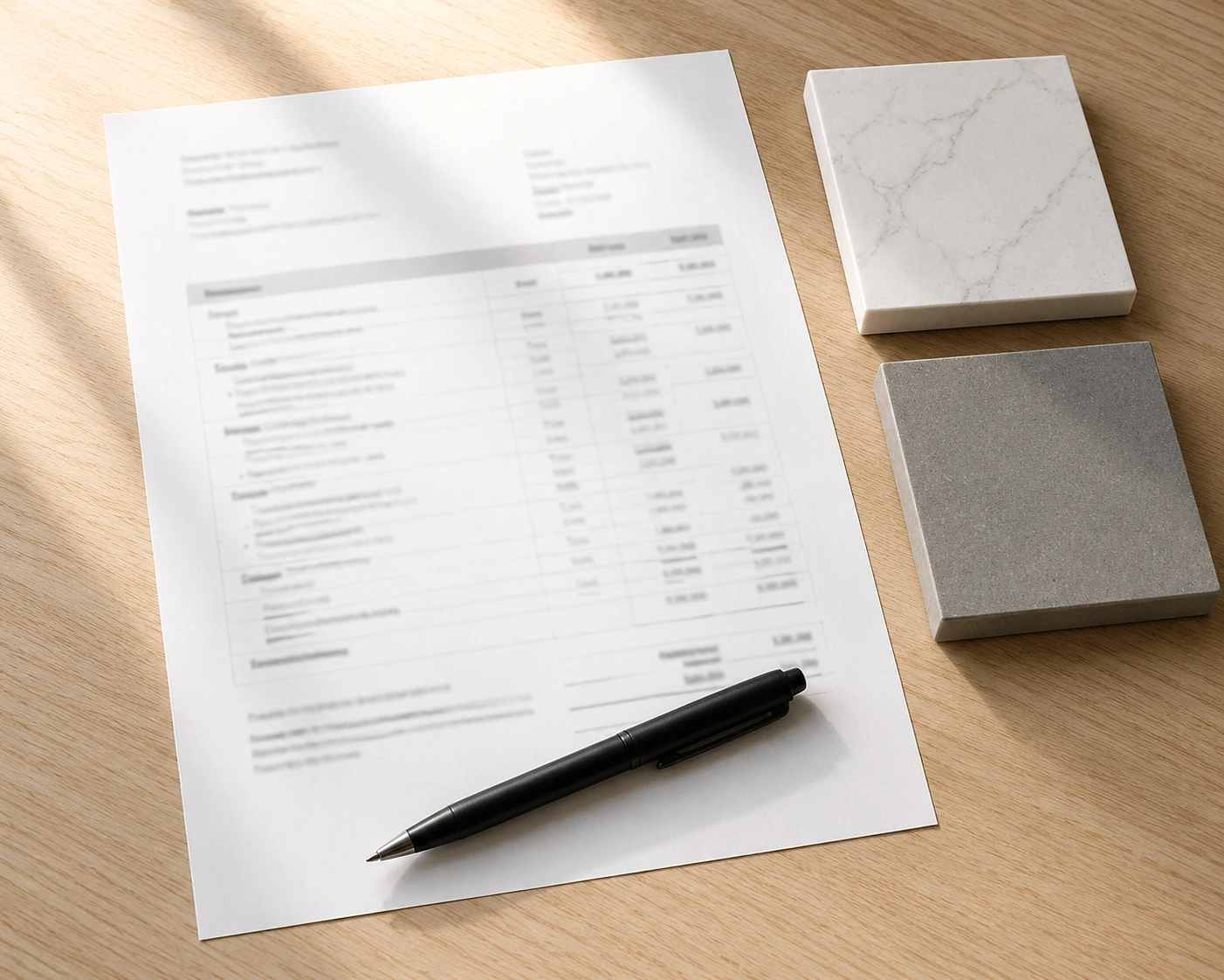 A countertop quotation document on a desk beside stone samples, representing the pricing discussion stage