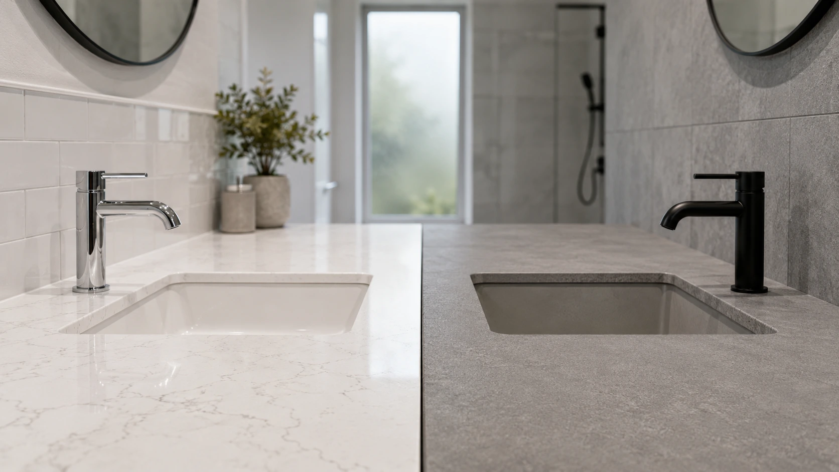 Side-by-side comparison of quartz and sintered stone bathroom vanity tops in a Malaysian home Side-by-side comparison of quartz and sintered stone bathroom vanity tops in a Malaysian home