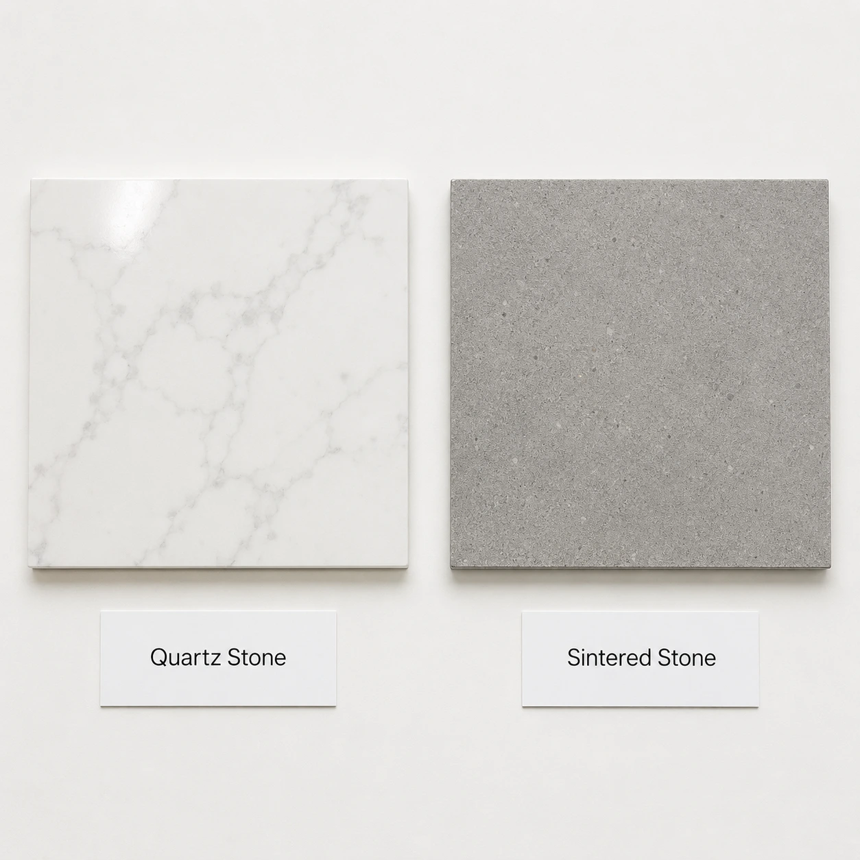 Stone material swatches showing quartz and sintered stone samples for bathroom vanity top selection Stone material swatches showing quartz and sintered stone samples for bathroom vanity top selection