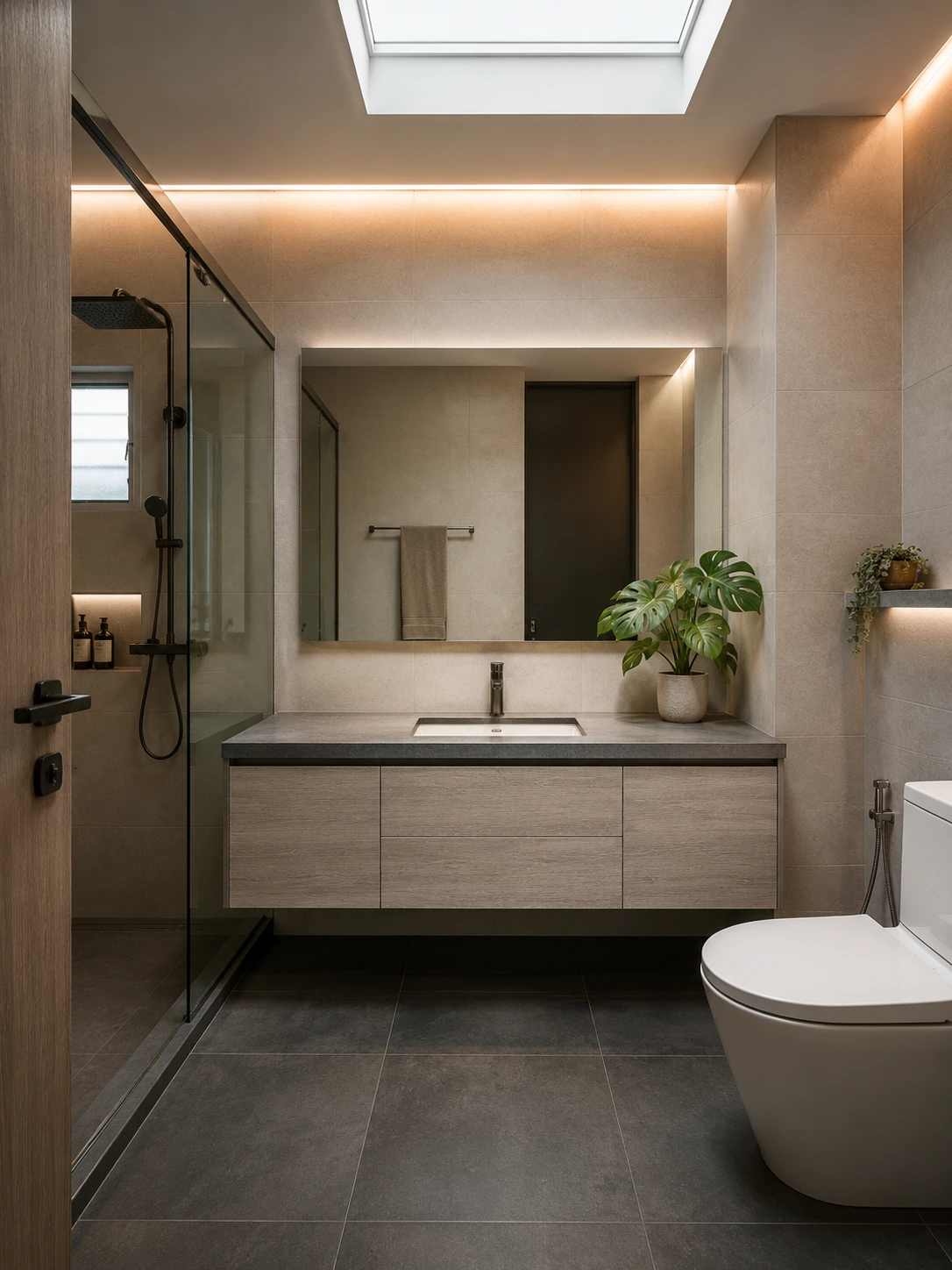 Modern Malaysian bathroom renovation featuring sintered stone vanity top, wall mirror, and warm LED lighting Modern Malaysian bathroom renovation featuring sintered stone vanity top, wall mirror, and warm LED lighting