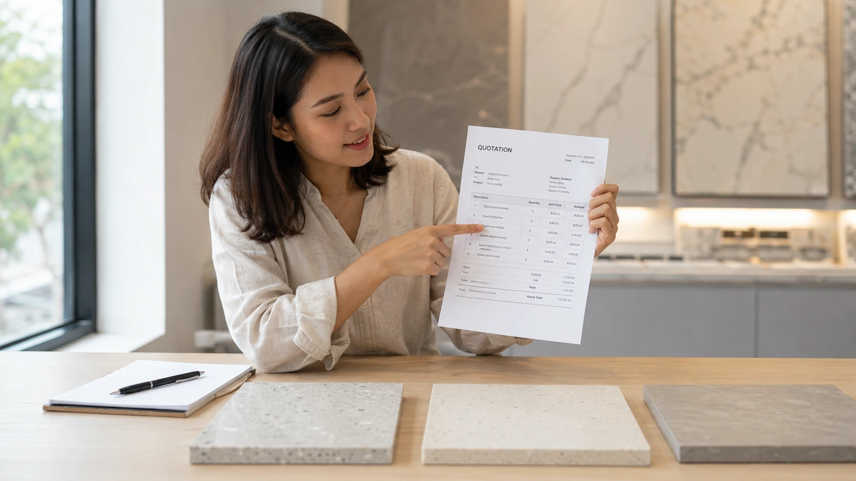 A Southeast Asian homeowner reviewing a printed countertop quotation document at a kitchen showroom table alongside stone samples A Southeast Asian homeowner reviewing a printed countertop quotation document at a kitchen showroom table alongside stone samples