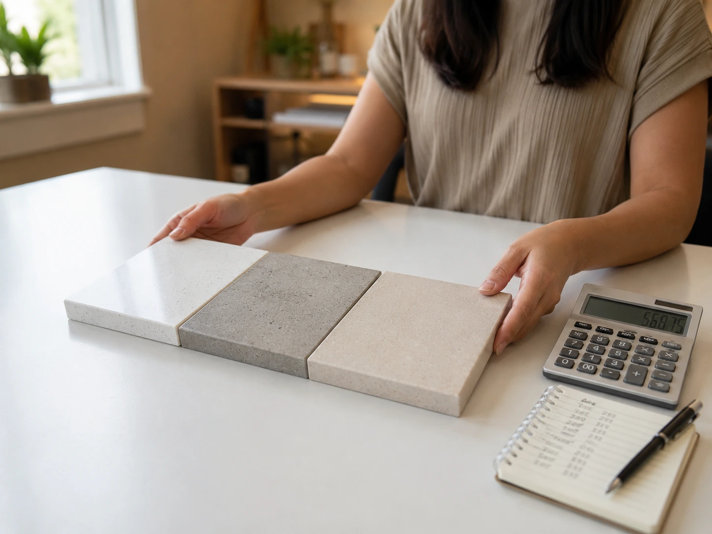 A homeowner comparing stone countertop samples on a desk alongside a calculator and notepad while reviewing supplier options A homeowner comparing stone countertop samples on a desk alongside a calculator and notepad while reviewing supplier options