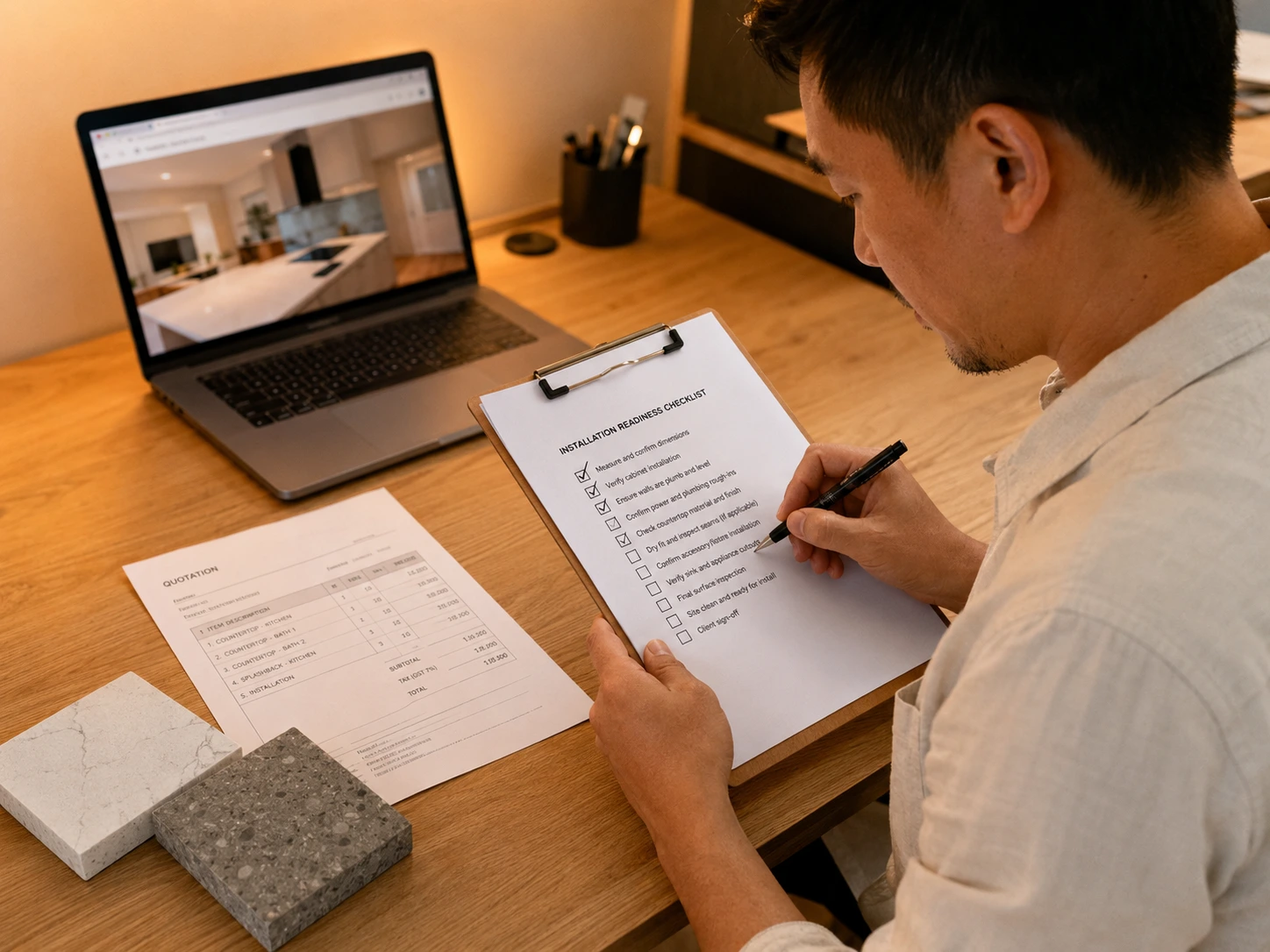 A homeowner going through a countertop renovation checklist with a pen, with a printed quotation and countertop samples on the desk nearby A homeowner going through a countertop renovation checklist with a pen, with a printed quotation and countertop samples on the desk nearby