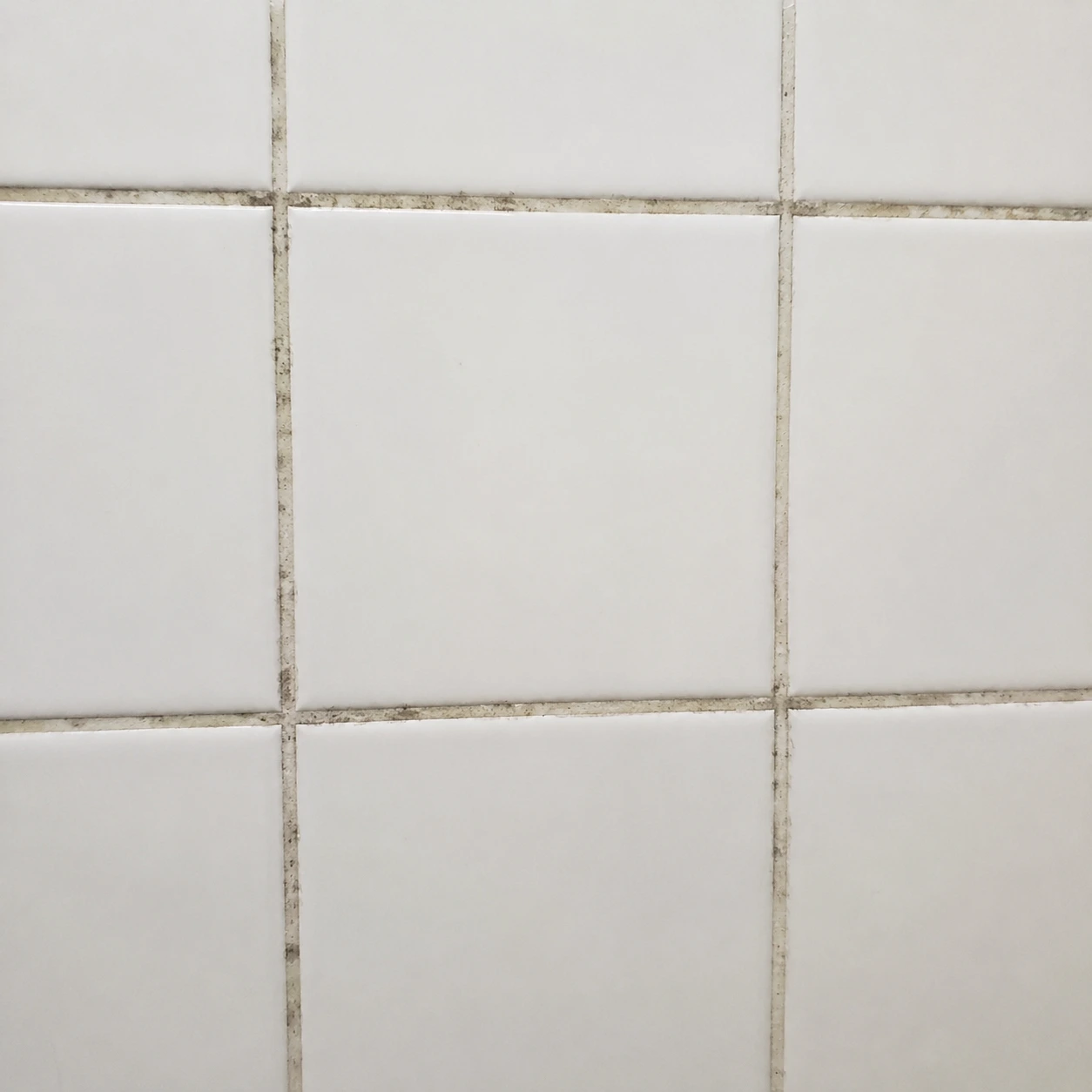 Close-up of grout lines between porcelain bathroom wall tiles showing discolouration in a Malaysian home, demonstrating a common maintenance challenge Close-up of grout lines between porcelain bathroom wall tiles showing discolouration in a Malaysian home, demonstrating a common maintenance challenge