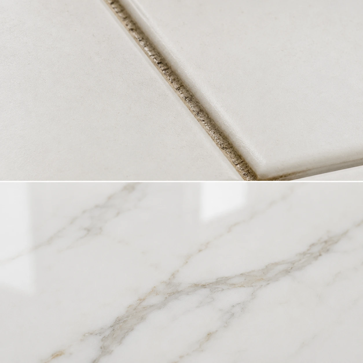 Close-up comparison of grout lines on a tile wall versus the smooth uninterrupted surface of a porcelain slab Close-up comparison of grout lines on a tile wall versus the smooth uninterrupted surface of a porcelain slab