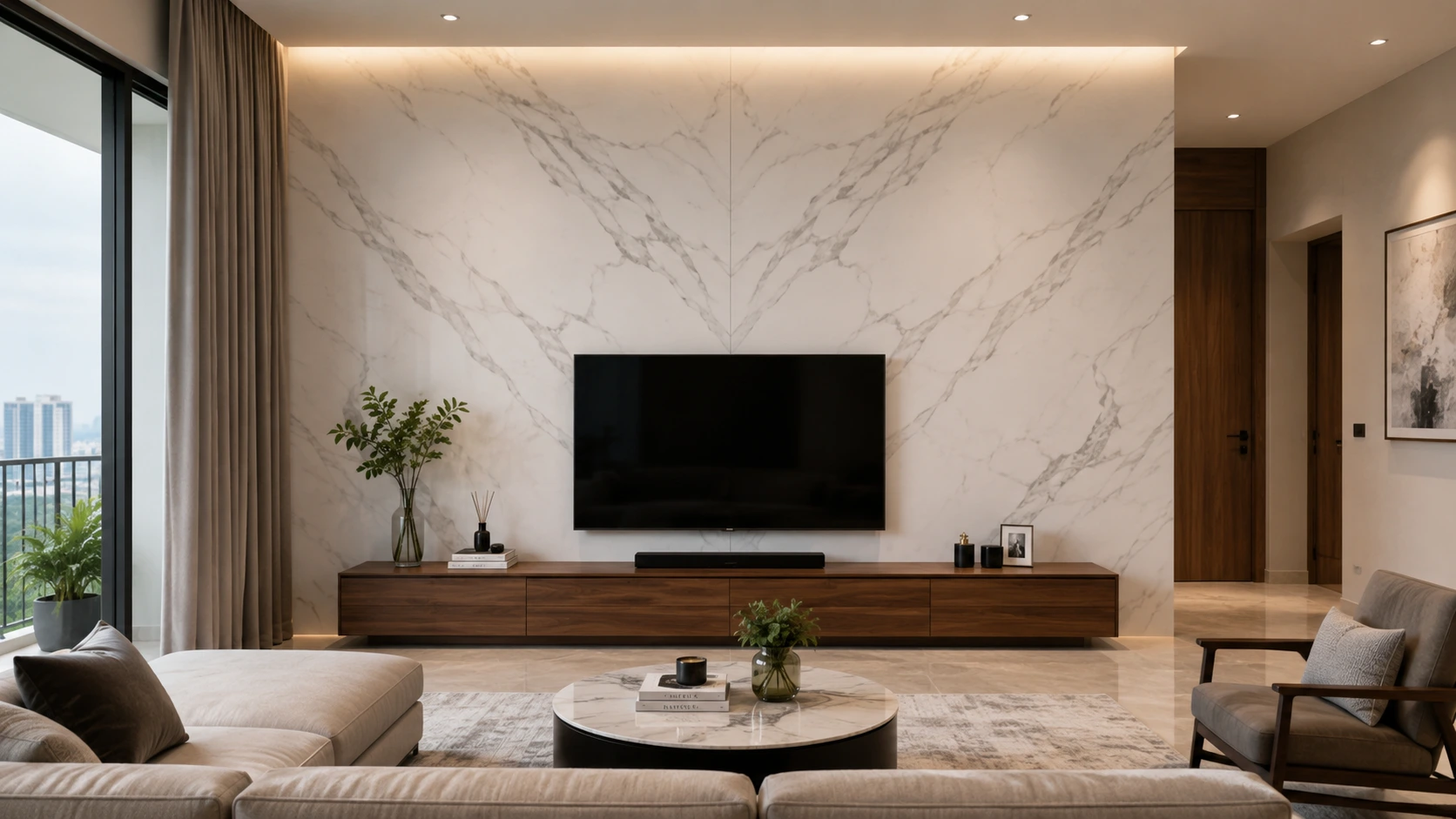 Book-matched porcelain slab feature wall in a Malaysian living room with symmetrical marble veining and no grout lines Book-matched porcelain slab feature wall in a Malaysian living room with symmetrical marble veining and no grout lines