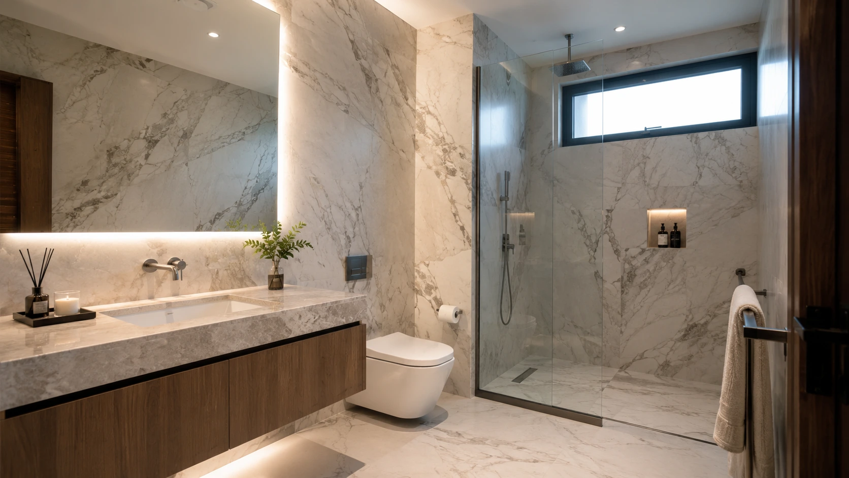 Full-height porcelain slab wall cladding covering an entire Malaysian bathroom wall from floor to ceiling Full-height porcelain slab wall cladding covering an entire Malaysian bathroom wall from floor to ceiling