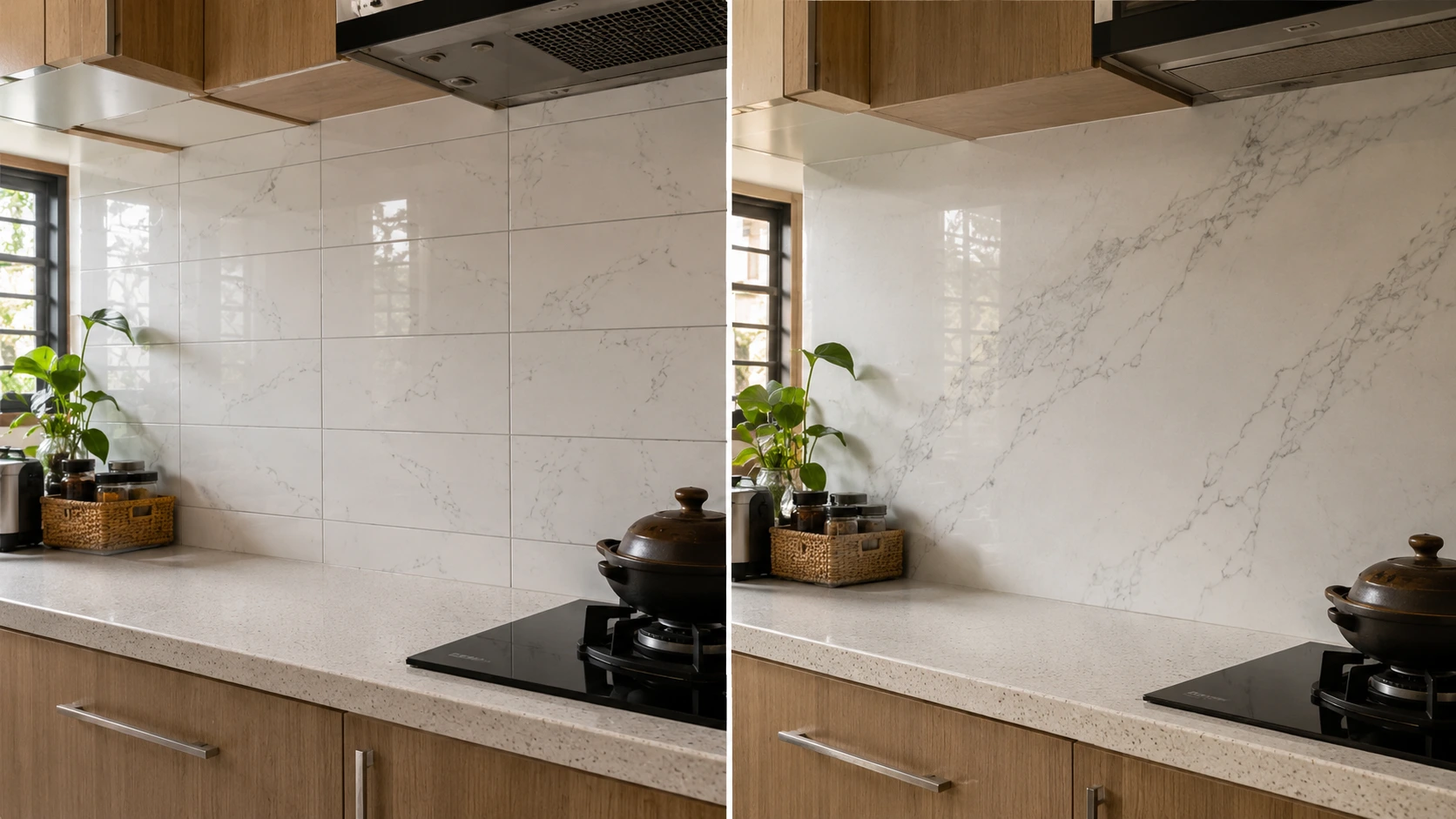Side-by-side comparison of a porcelain tile wall with visible grout lines and a seamless porcelain slab feature wall in a Malaysian home Side-by-side comparison of a porcelain tile wall with visible grout lines and a seamless porcelain slab feature wall in a Malaysian home