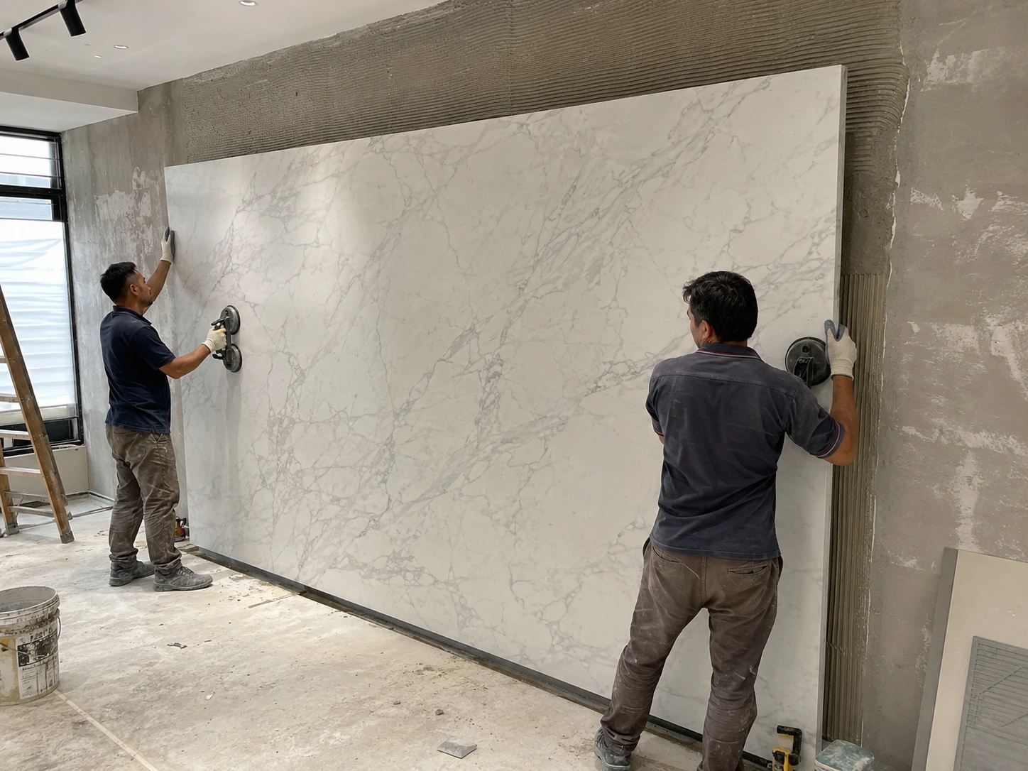 Specialist installers handling a large-format porcelain slab panel for wall installation using suction cup lifts during a Malaysian home renovation Specialist installers handling a large-format porcelain slab panel for wall installation using suction cup lifts during a Malaysian home renovation