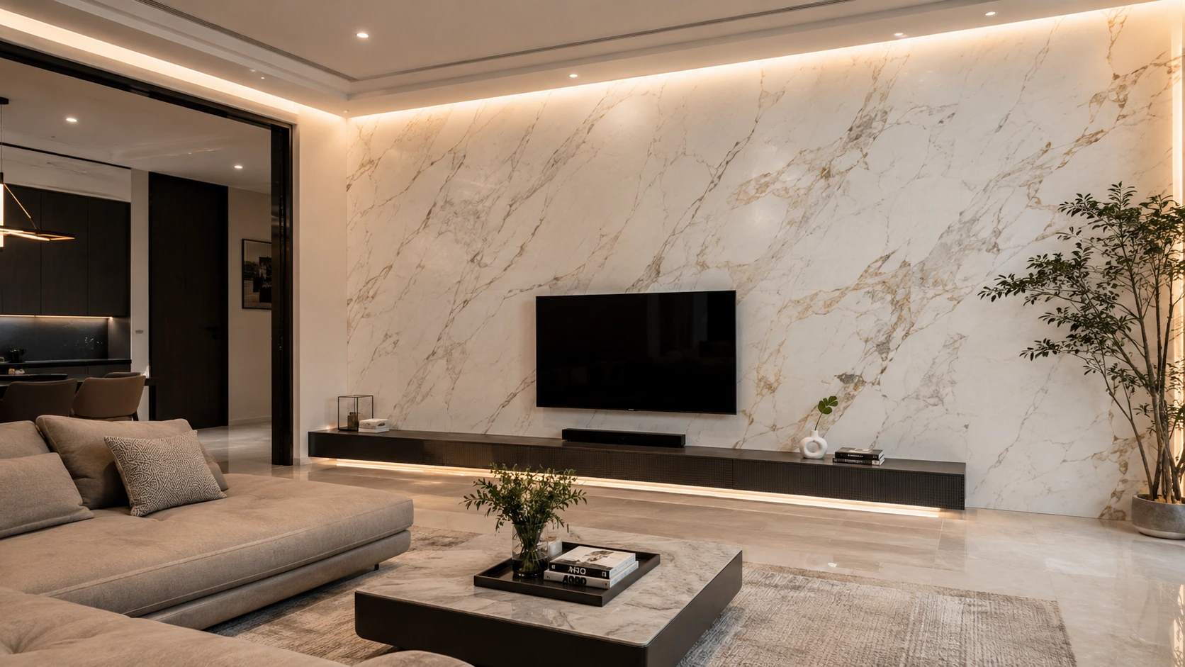 Large format porcelain slab feature wall in a modern Malaysian living room with seamless marble-look pattern Large format porcelain slab feature wall in a modern Malaysian living room with seamless marble-look pattern