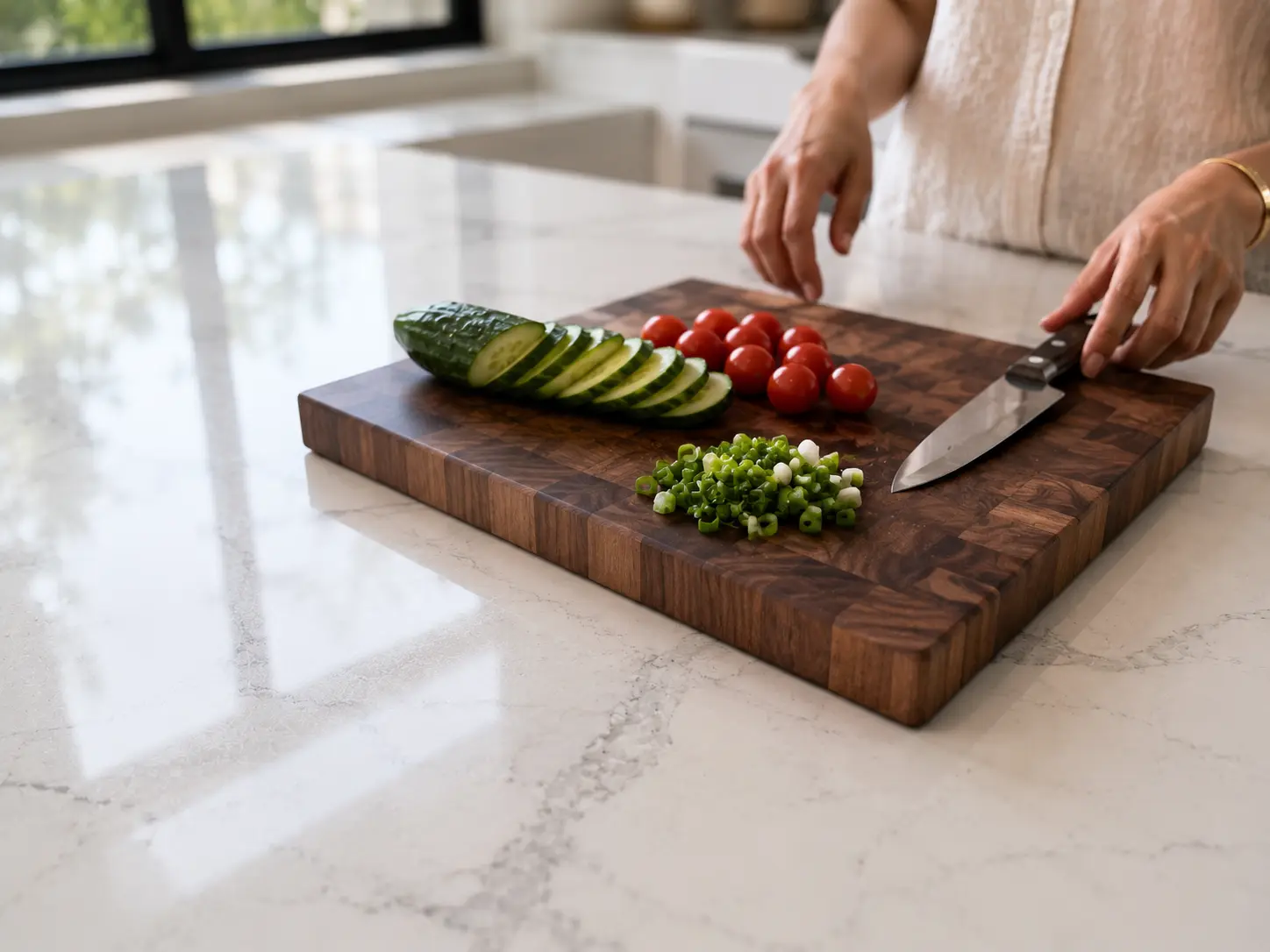 Fresh vegetables being prepared on a wooden cutting board placed on a white quartz countertop in a bright kitchen