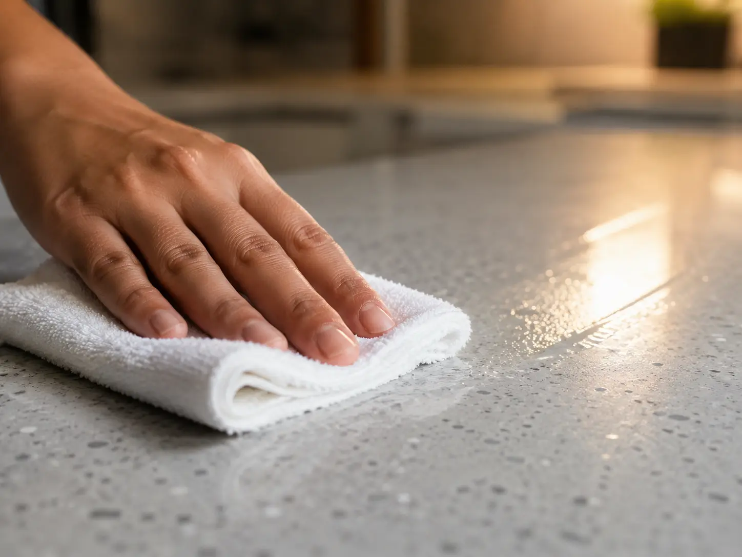 Close-up of a soft white cloth wiping a clean grey quartz countertop surface under warm kitchen lighting