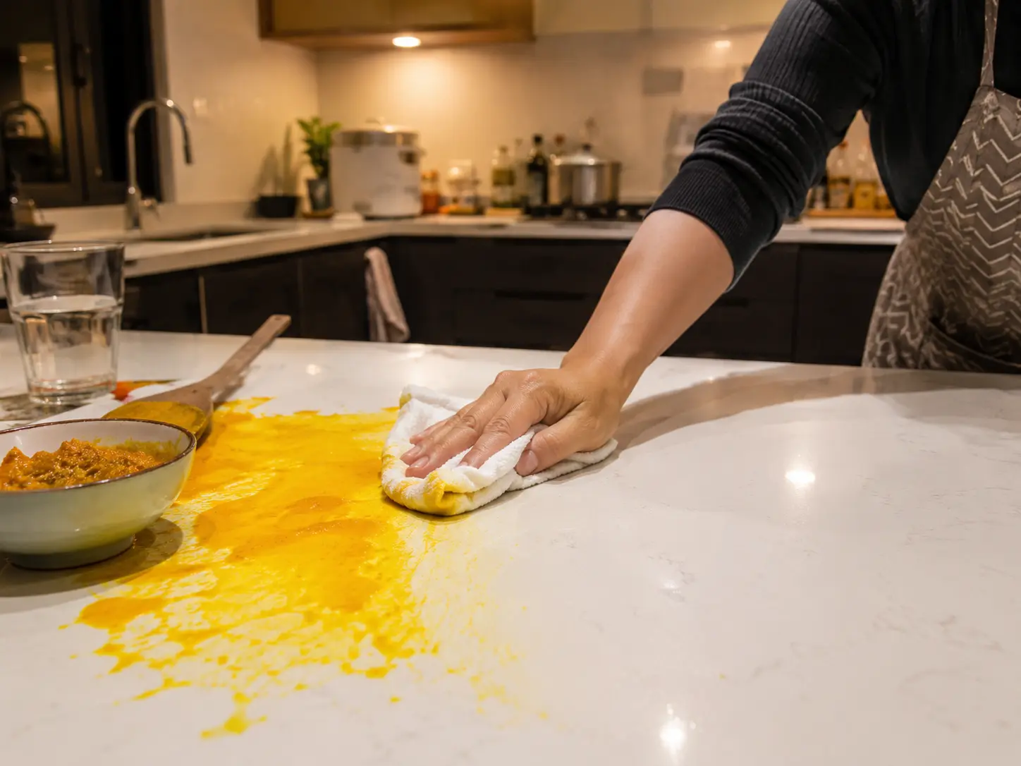 A hand quickly wiping a turmeric spill on a white stone countertop in a Malaysian kitchen before it stains