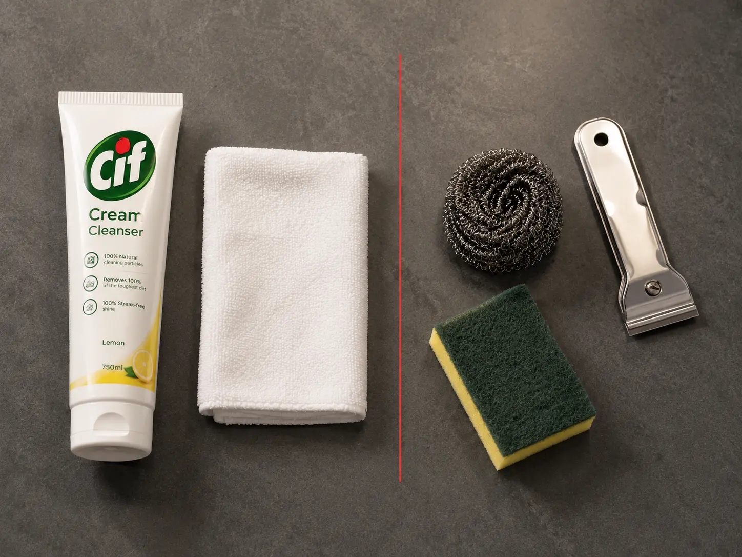 Correct cleaning tools for stone countertops — soft cloth and cream cleanser — laid neatly on a grey sintered stone surface