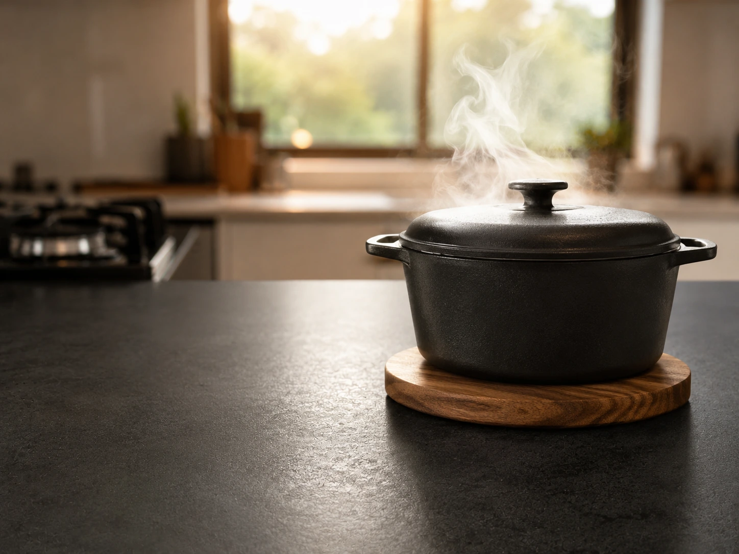A cast iron pot resting on a wooden trivet on a dark sintered stone countertop, protecting the surface from heat damage