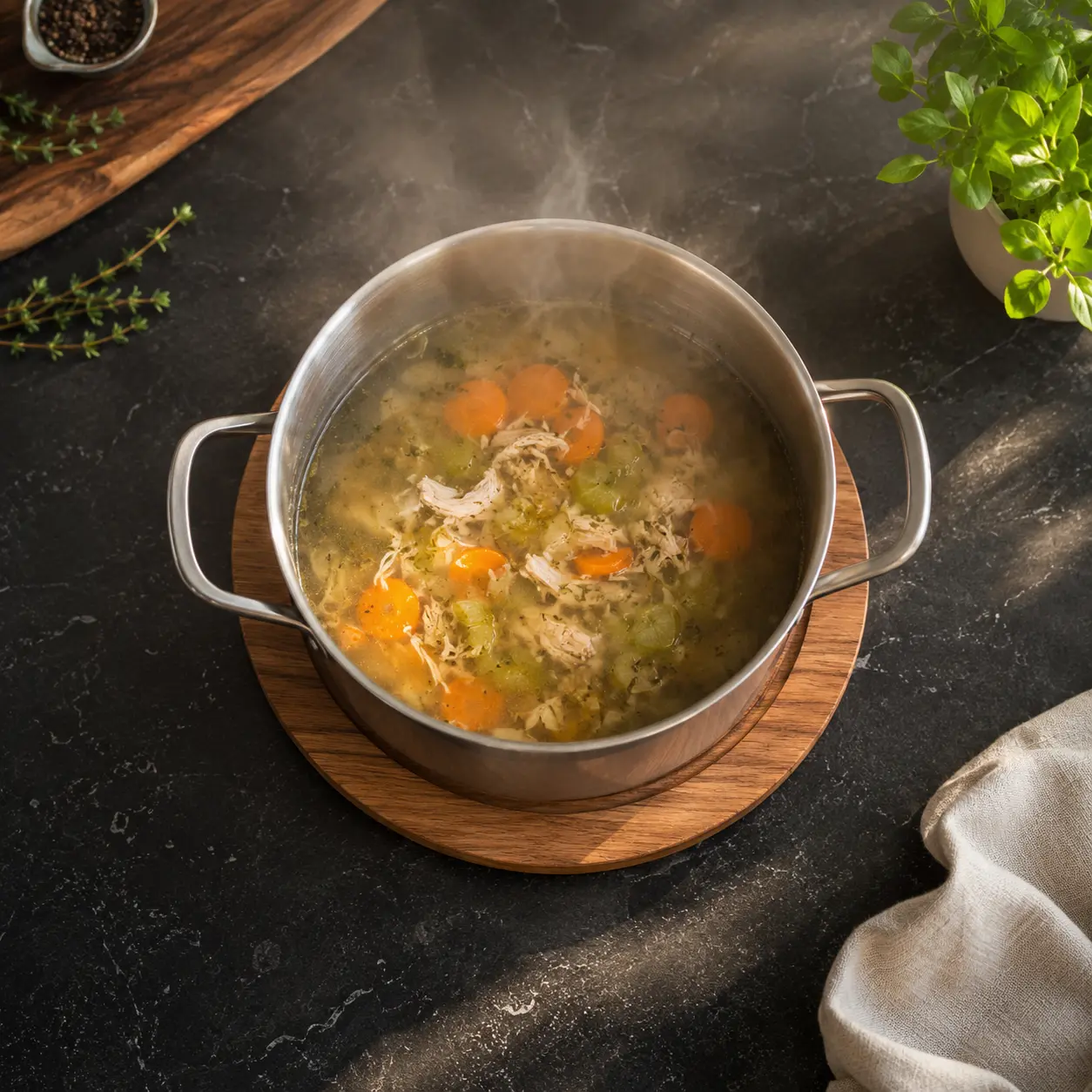 Hot pot placed on a trivet on a stone countertop — protecting the surface from heat damage