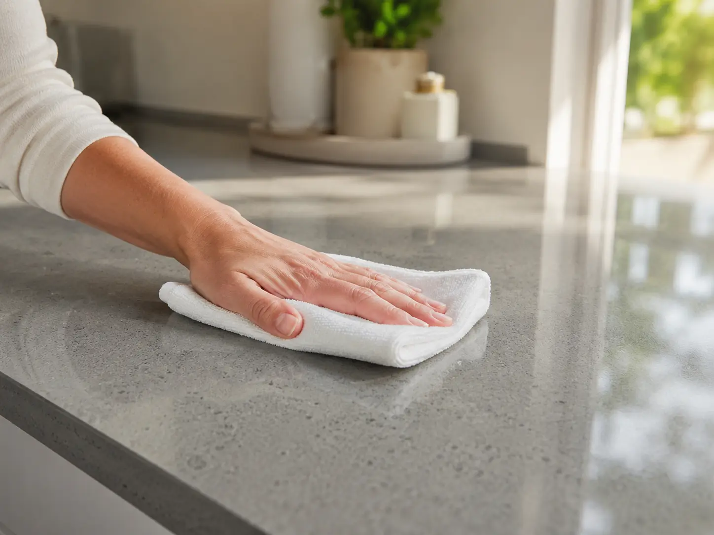 Proper countertop care and maintenance — wiping a quartz surface with a soft cloth