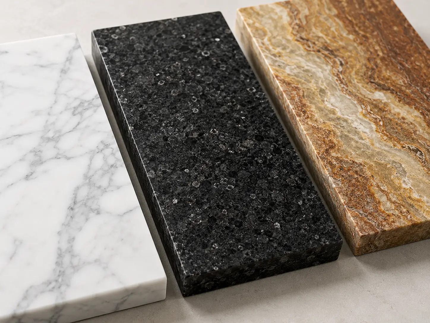 Natural marble, granite, and quartzite stone slabs showing unique veining and texture — characteristics not covered under warranty