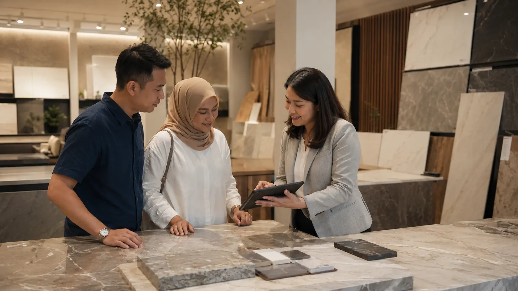 Sinno sales advisor assisting a customer with a warranty claim — friendly consultation in a showroom