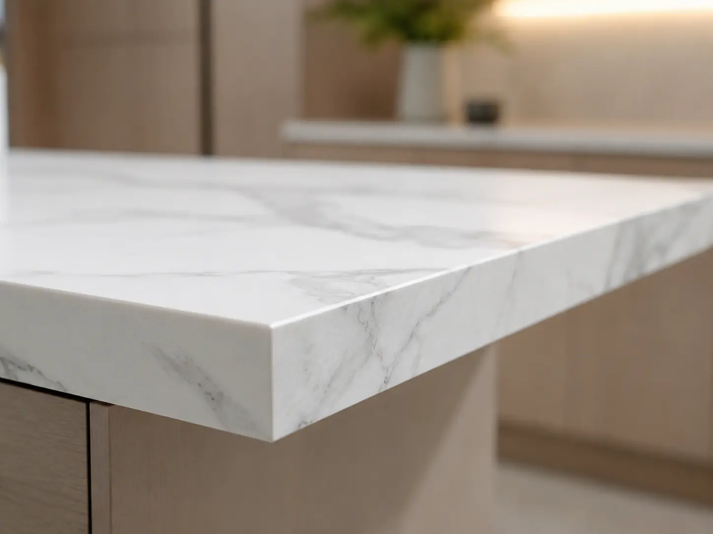 Sintered stone countertop with marble-look pattern showing edge detail in Malaysian kitchen