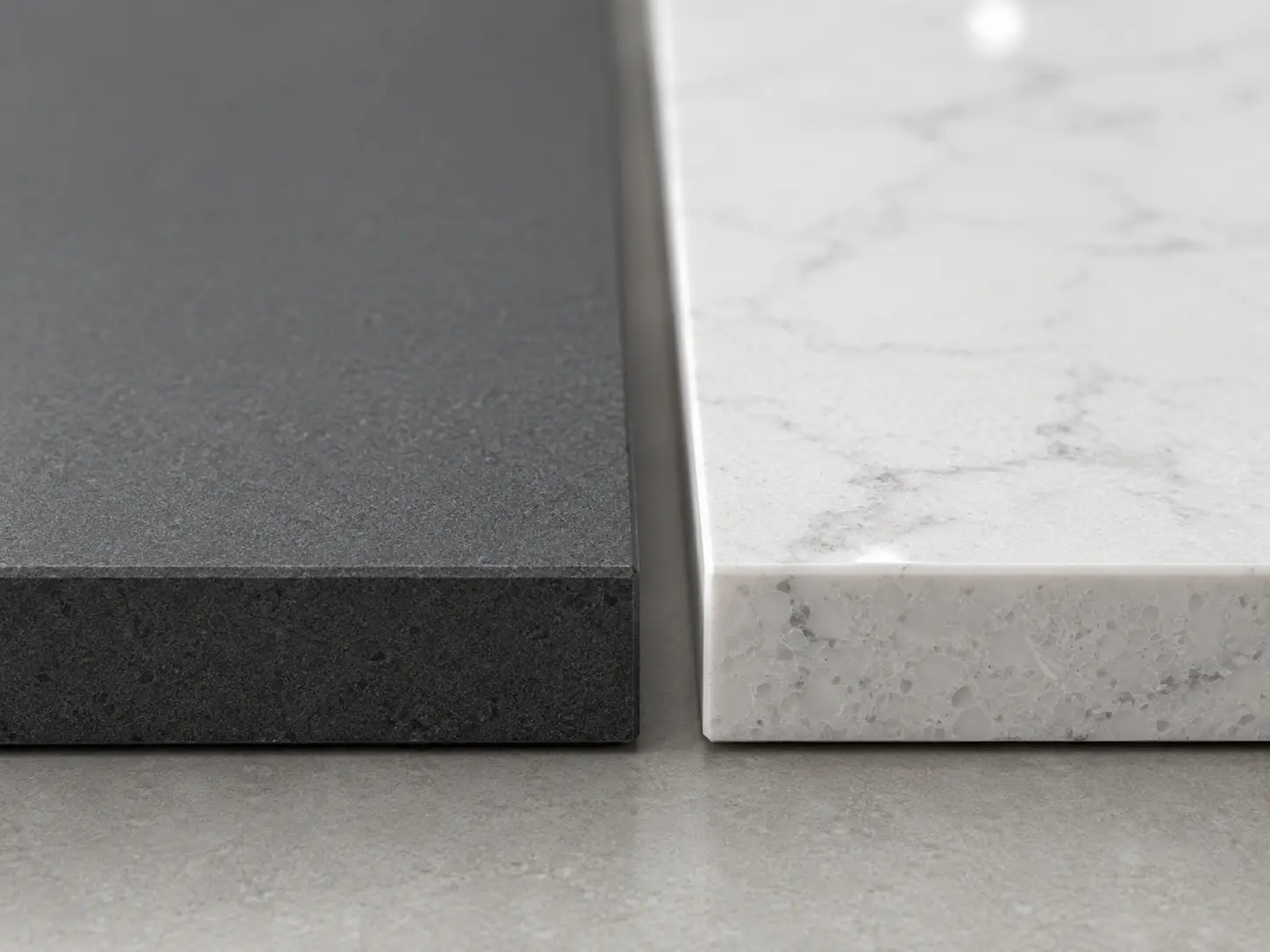 Close-up comparison of sintered stone and quartz stone surface textures side by side