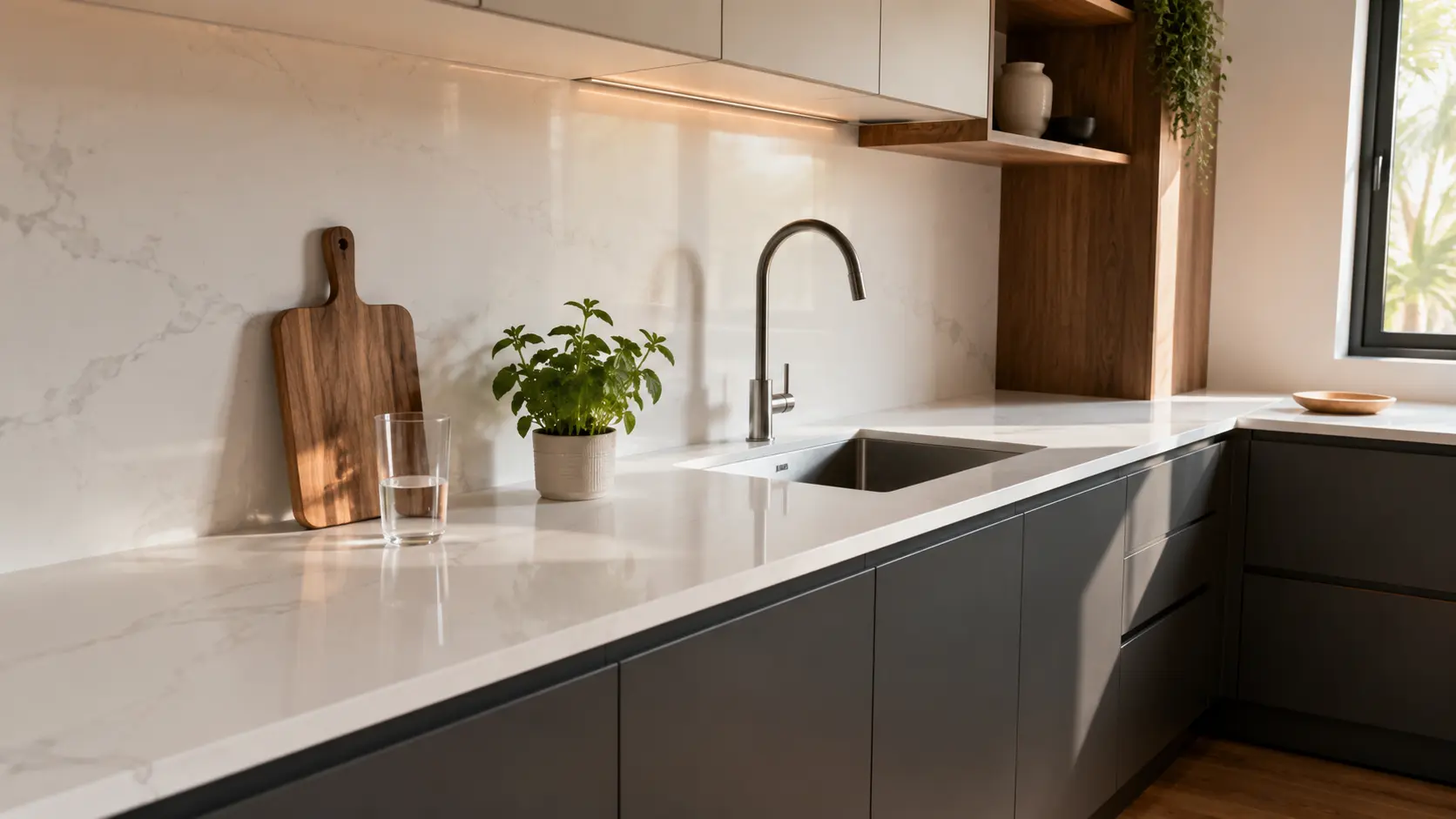 White quartz stone countertop in a clean modern Malaysian kitchen with polished finish