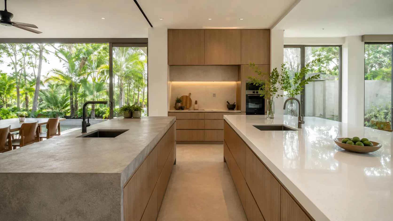 Side-by-side view of sintered stone and quartz stone countertops in a modern Malaysian kitchen