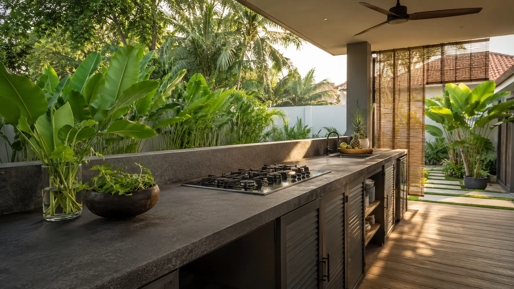 Outdoor alfresco kitchen with sintered stone countertop in a Malaysian home