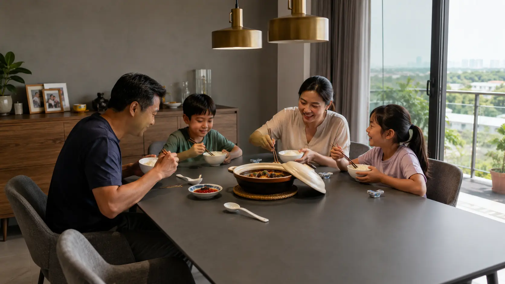 Sintered stone dining table top in a modern Malaysian home — durable, non-porous, and maintenance-free compared to travertine