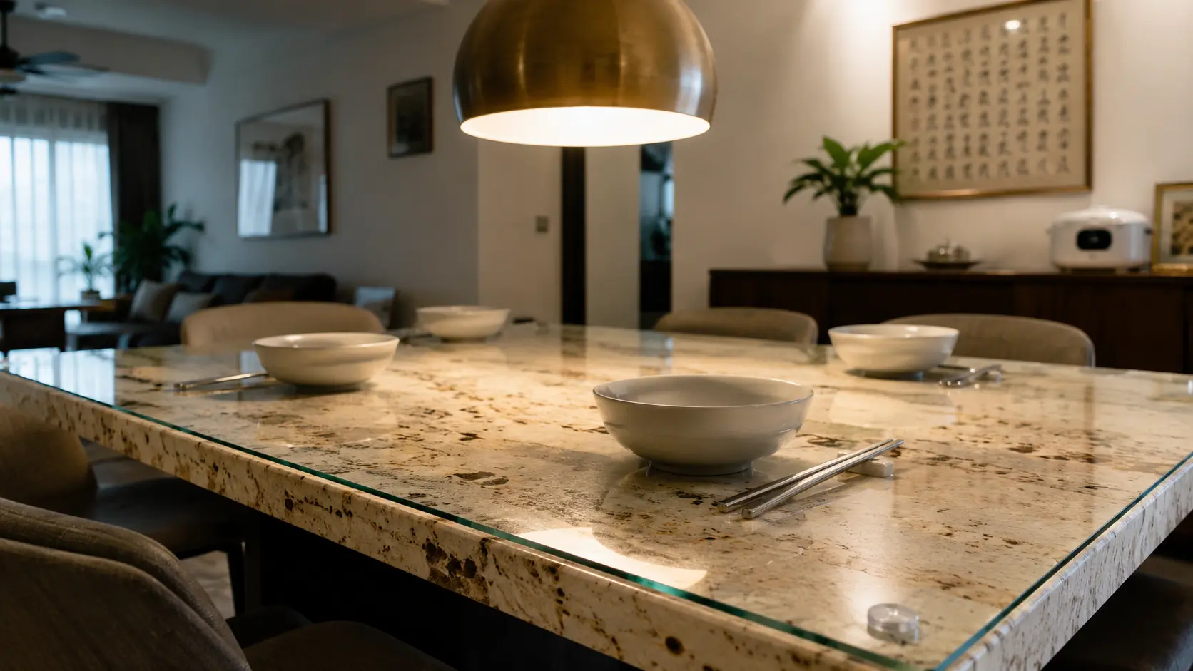 Transparent tempered glass sheet laid over a natural travertine dining table top, protecting the stone while preserving its appearance