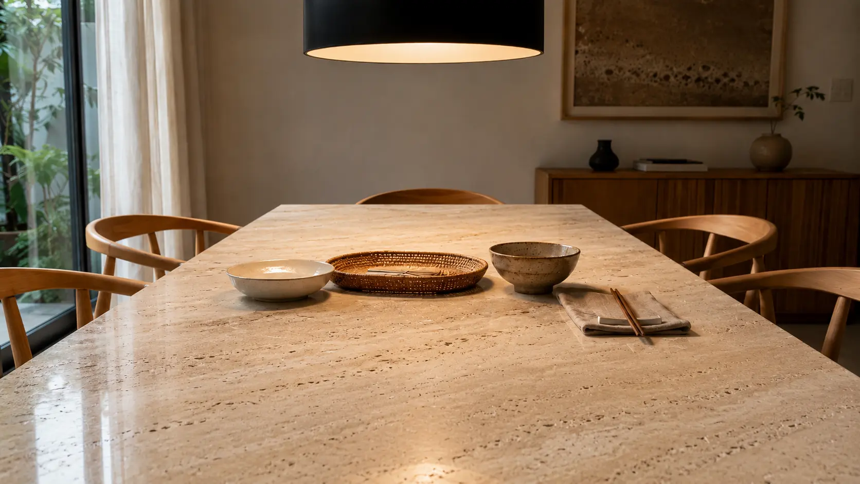 Styled natural travertine dining table top in a modern Malaysian home, showing the stone's warm honey tones and natural surface texture