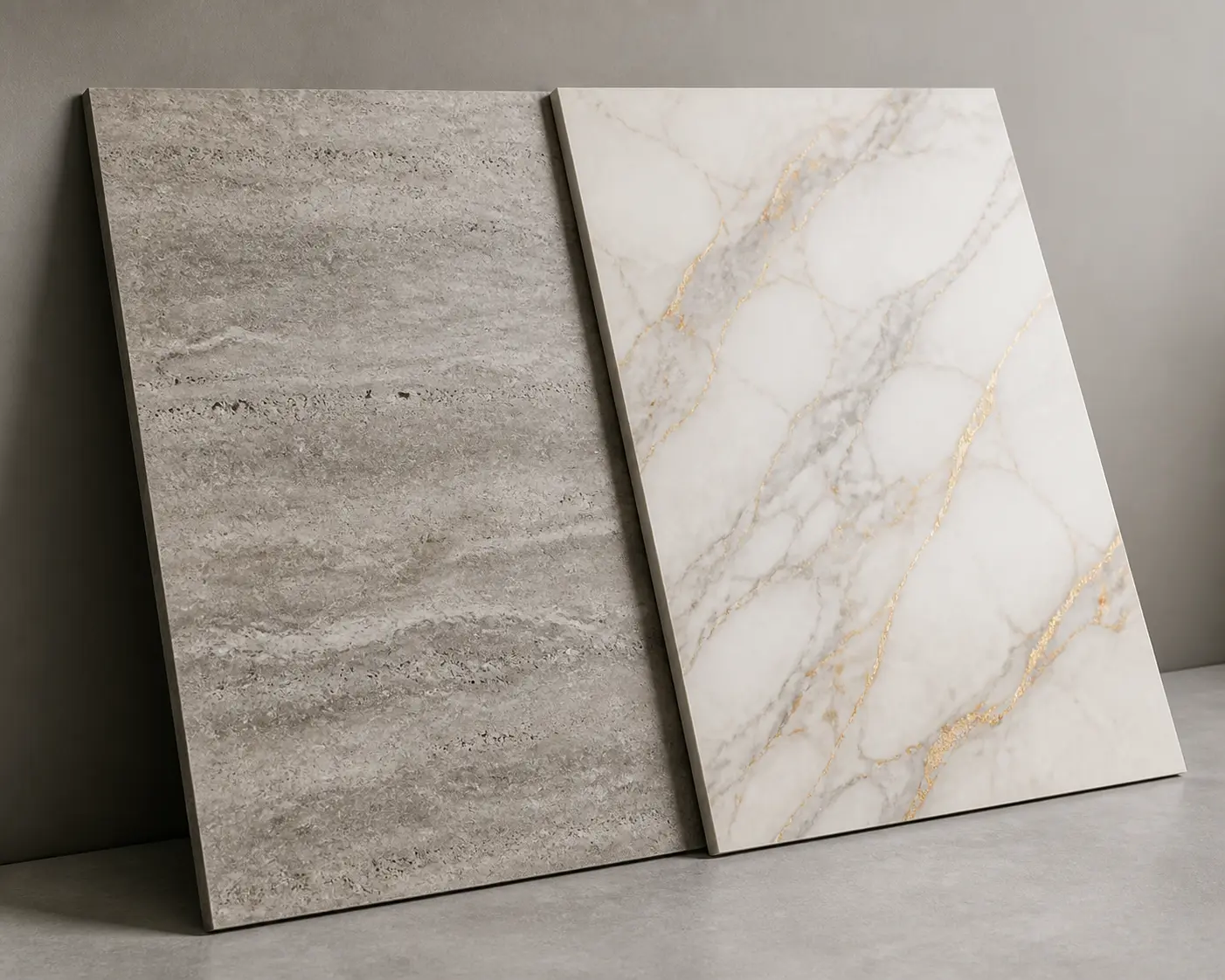 Side-by-side sintered stone slab samples from Moca Compact and Dekton showing different finishes and price tiers for Malaysian feature walls Side-by-side sintered stone slab samples from Moca Compact and Dekton showing different finishes and price tiers for Malaysian feature walls