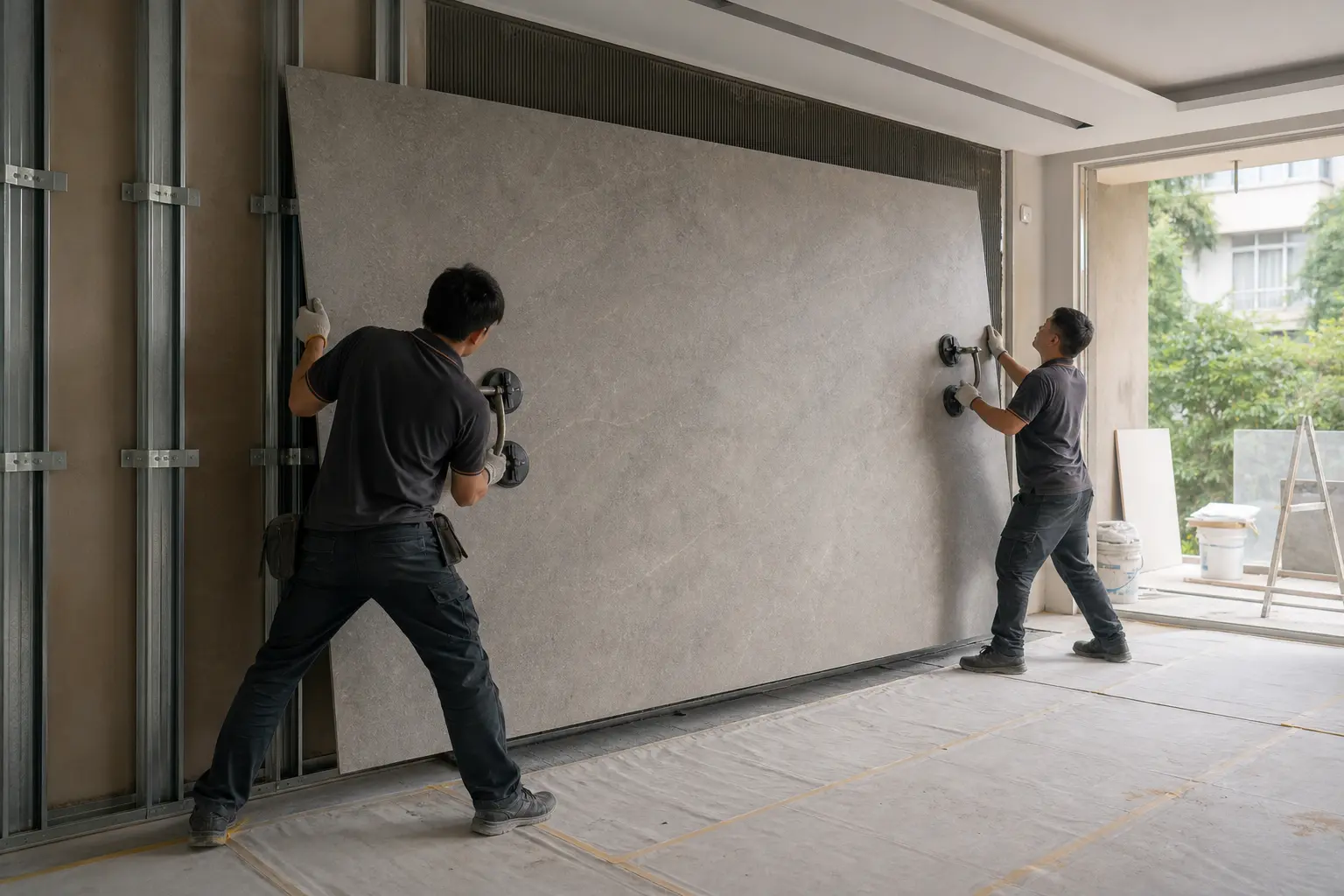 Installers positioning a large-format Dekton sintered stone slab onto a feature wall frame in a Malaysian home renovation