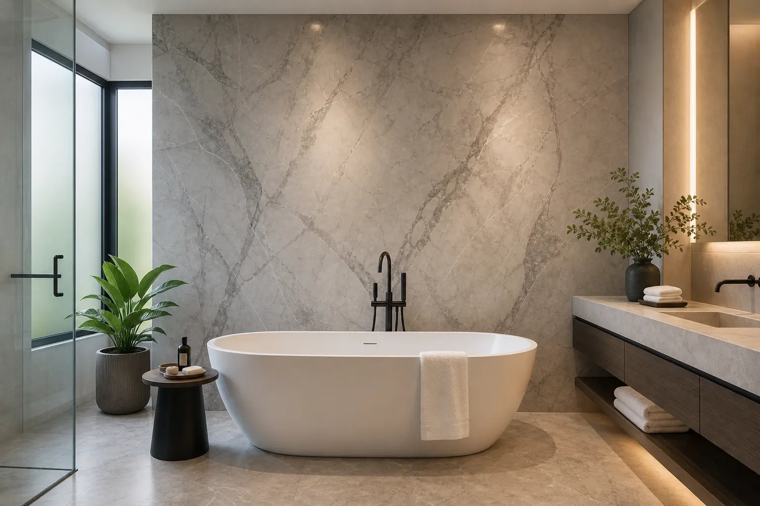 Full-height sintered stone bathroom feature wall in a Malaysian home, demonstrating moisture resistance in a humid climate