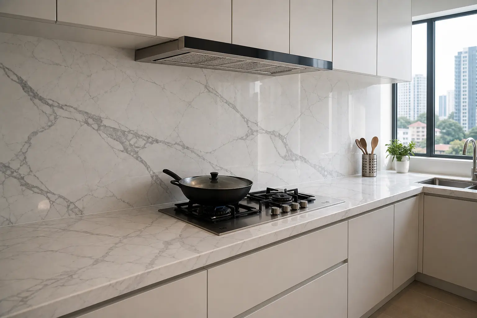 Malaysian kitchen with matching sintered stone countertop and backsplash creating a seamless marble-veined look