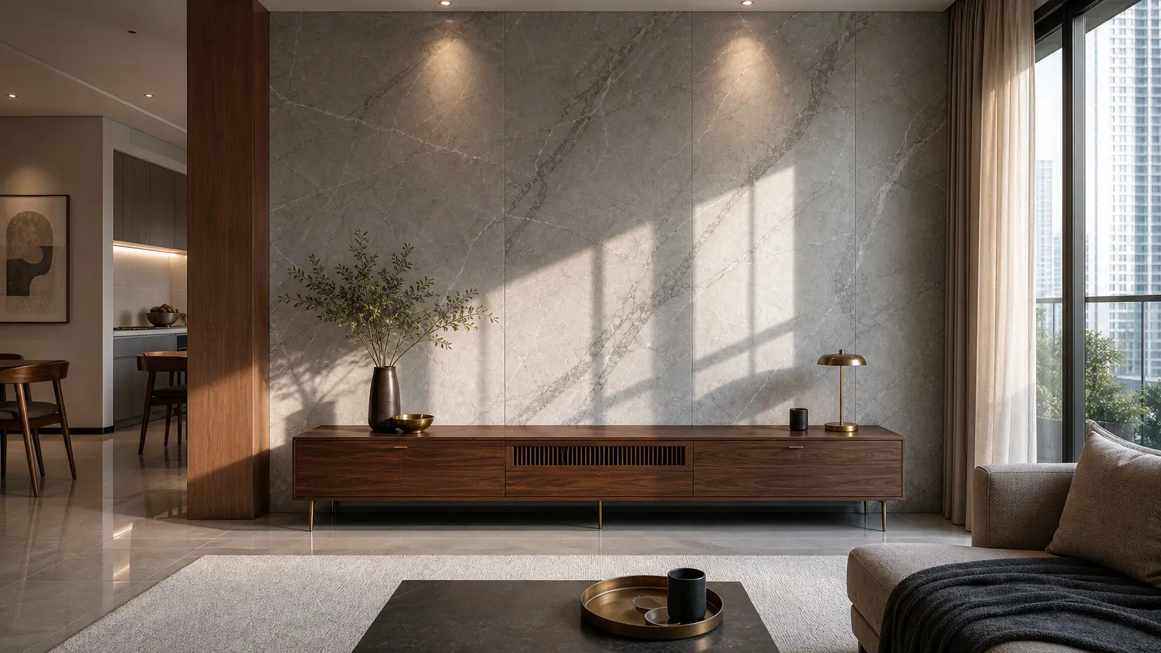 Malaysian condominium living room with a large sintered stone feature wall behind the TV console, marble-look veining catching natural light Malaysian condominium living room with a large sintered stone feature wall behind the TV console, marble-look veining catching natural light