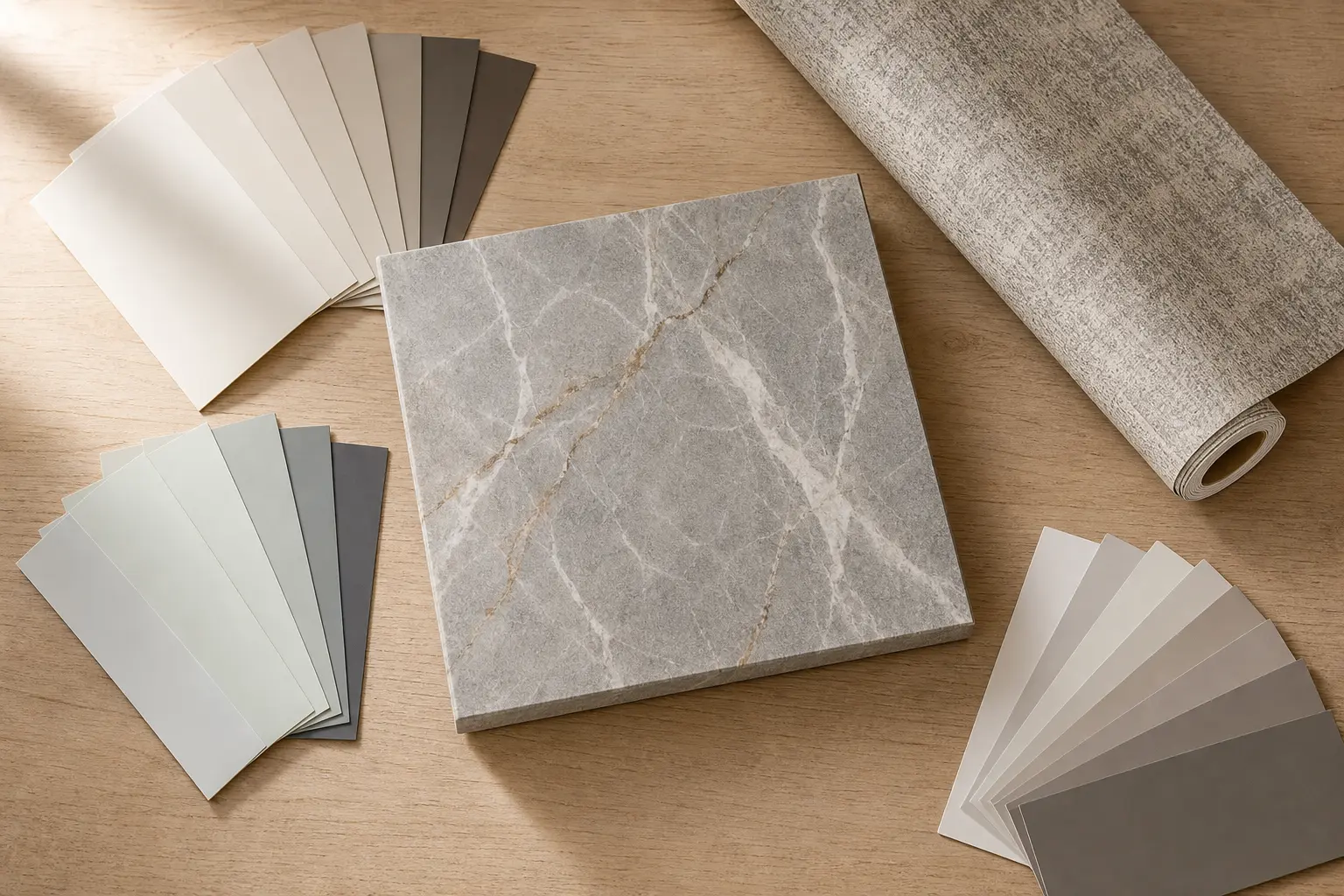 Flat-lay product photography on a light wooden surface. A sintered stone slab sample with marble veining sits at the centre, surrounded by paint colour swatches and a partially unrolled textured wallpaper sample. Soft natural window light from above left, gentle shadows. Overhead flat-lay angle. Colour palette: warm wood tones, neutral stone grey, muted wallpaper pattern. Mood: comparative, practical, decision-making context. No people.
