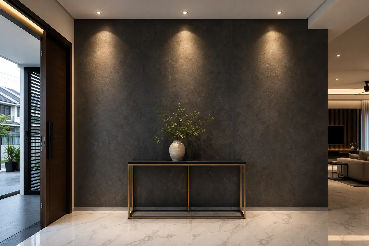 Entrance foyer of a Malaysian terrace house with a dramatic dark sintered stone Dekton feature wall making a striking first impression