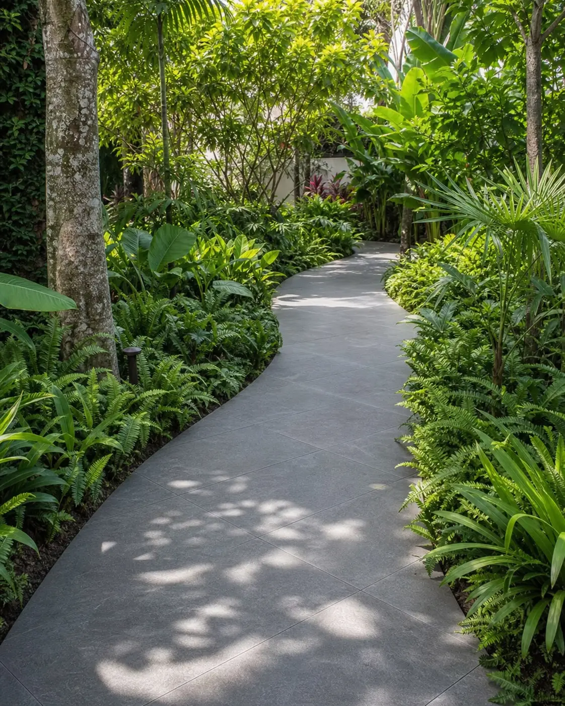 Textured sintered stone flooring used as an outdoor garden pathway in a Malaysian home Textured sintered stone flooring used as an outdoor garden pathway in a Malaysian home
