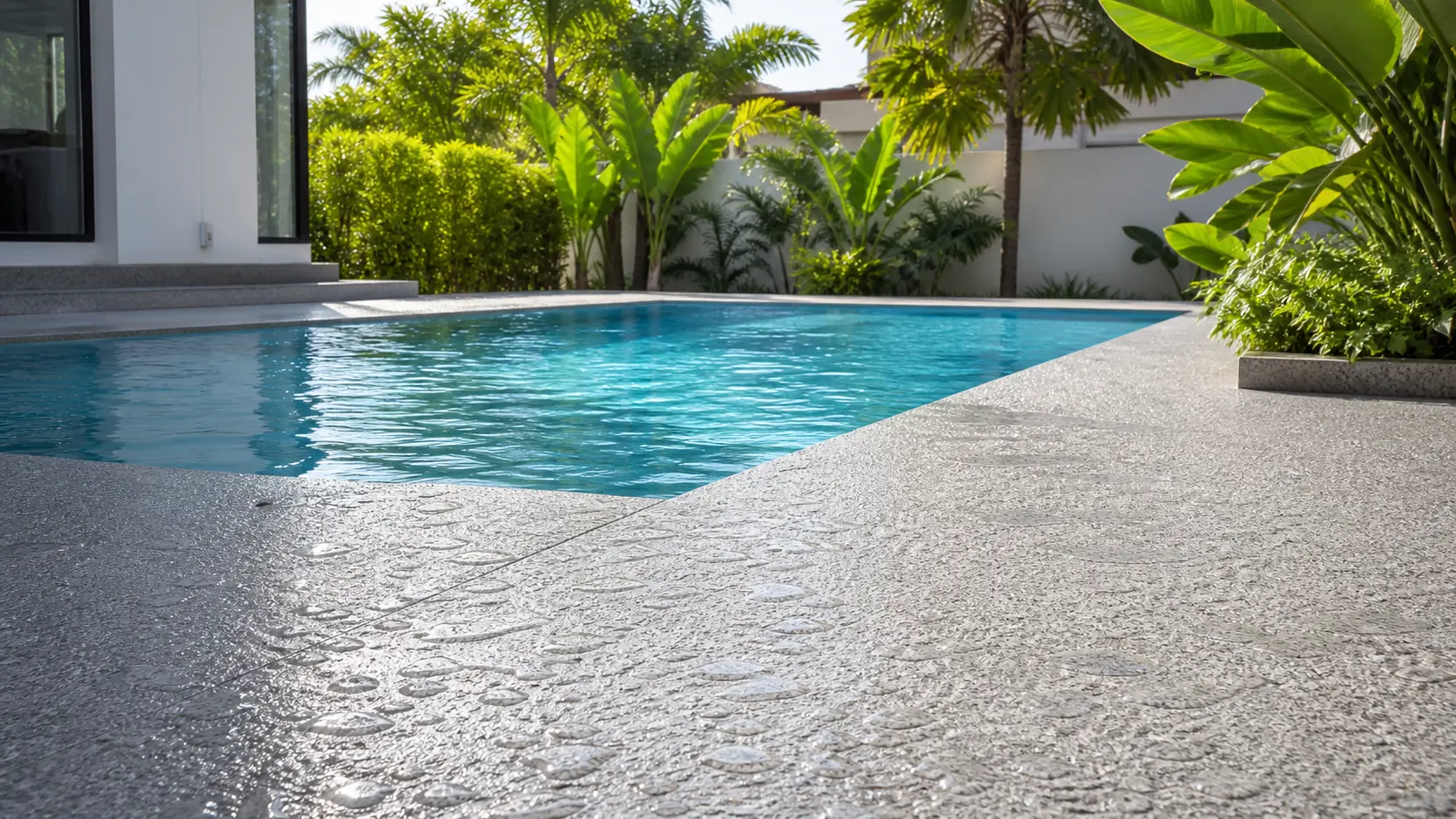 Textured slip-resistant stone flooring used around a residential poolside deck in Malaysia Textured slip-resistant stone flooring used around a residential poolside deck in Malaysia