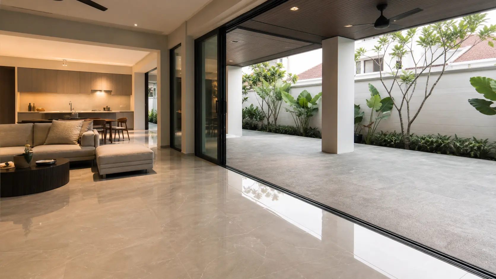 Seamless transition between indoor stone flooring and covered outdoor patio flooring in a Malaysian terrace house Seamless transition between indoor stone flooring and covered outdoor patio flooring in a Malaysian terrace house