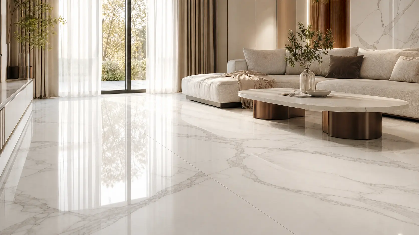 High-gloss polished porcelain slab flooring in a Malaysian living room showing an indoor-only finish High-gloss polished porcelain slab flooring in a Malaysian living room showing an indoor-only finish