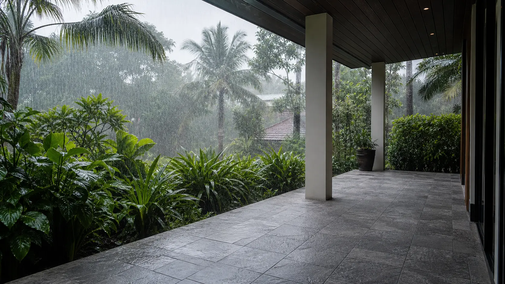 Outdoor stone flooring on a covered Malaysian patio during heavy monsoon rain showing weather-resistant surface Outdoor stone flooring on a covered Malaysian patio during heavy monsoon rain showing weather-resistant surface