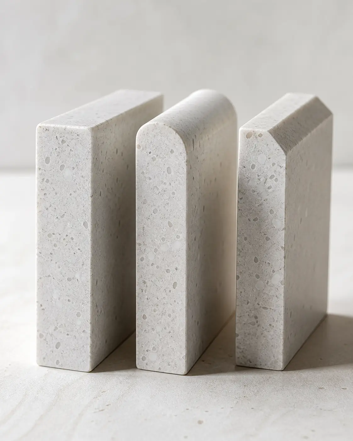Close-up comparison of eased, bullnose, and bevel stone countertop edge profile samples Close-up comparison of eased, bullnose, and bevel stone countertop edge profile samples