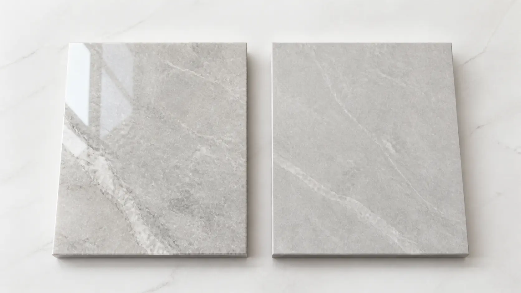 Side-by-side comparison of a polished glossy stone finish and a honed matte stone finish Side-by-side comparison of a polished glossy stone finish and a honed matte stone finish